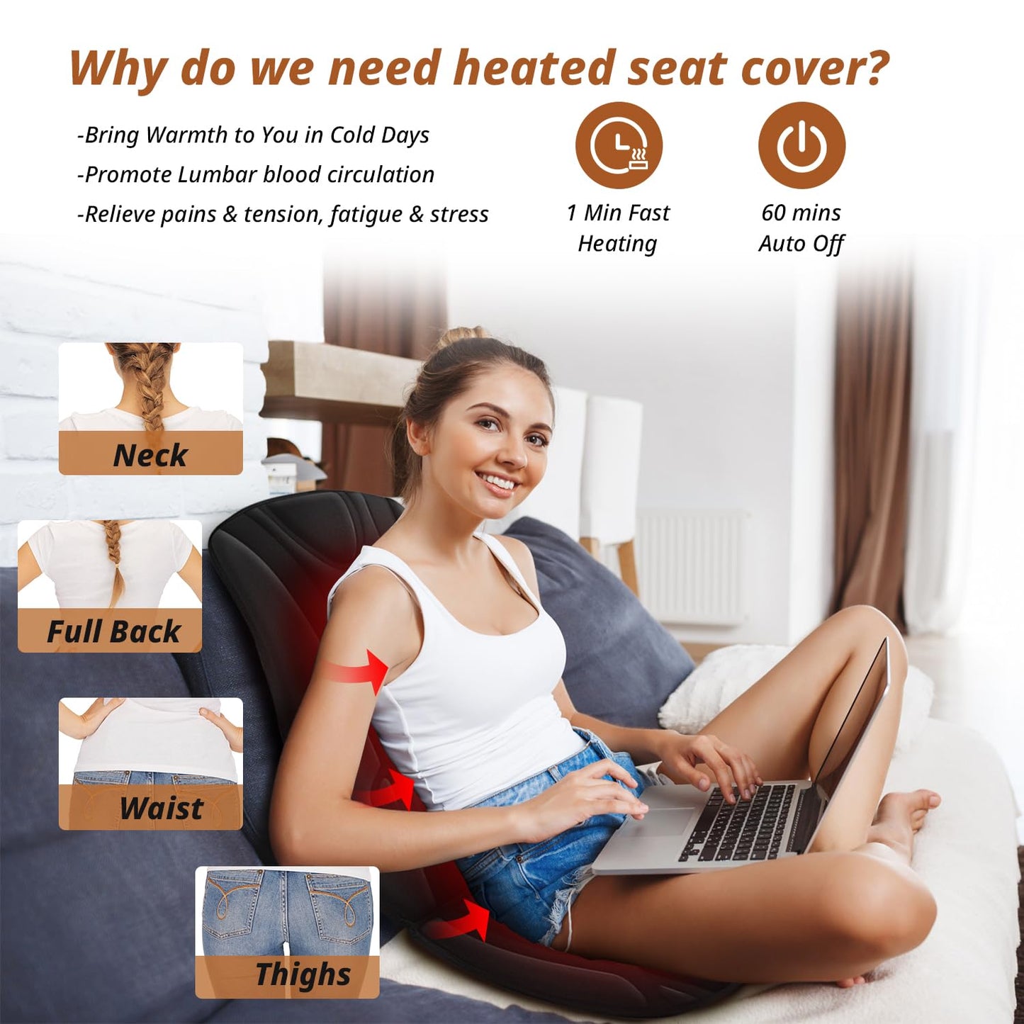 Heated Seat Cover with Expanded Heating Area, Heated Seat Cushion for Full Back and Seat, Seat Warmer with 3 Levels Temperature Control for Home Office and More, Warm Gift for Winter