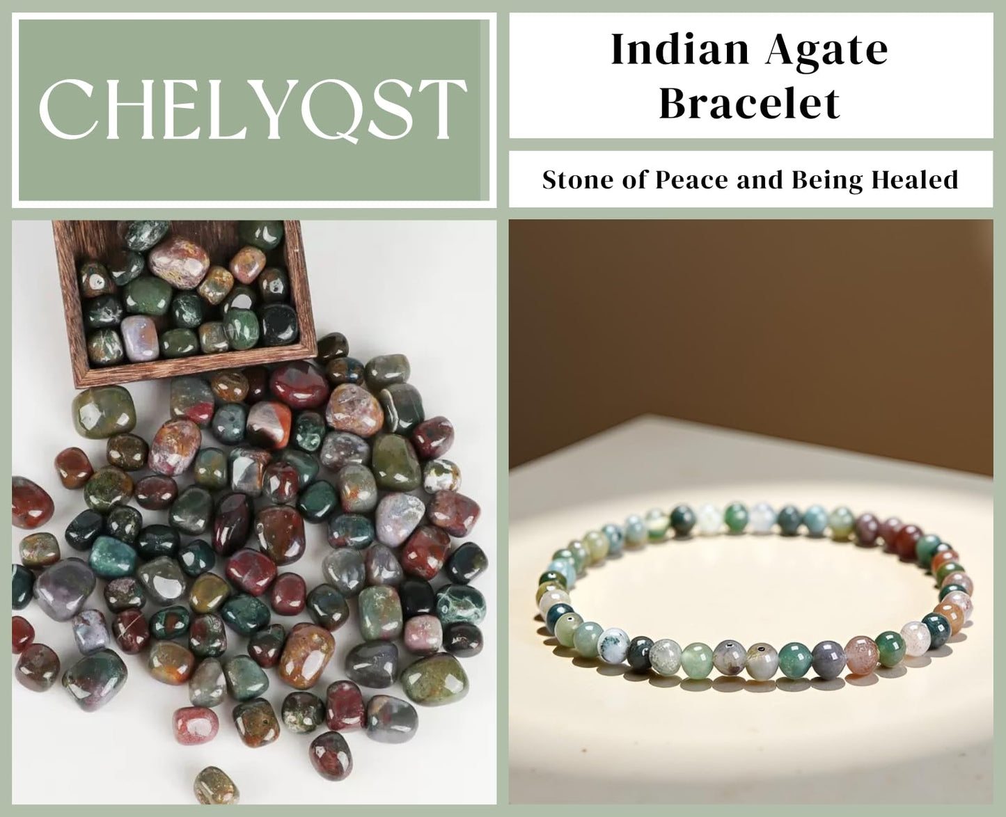 CHELYQST Indian Agate Bracelet - Stone of Peace and Being Healed,Stretch Natural Stone Crystal Beads Jewelry Gifts for Women Men Unisex Adult,4mm