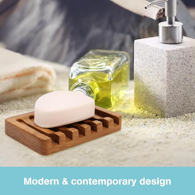 2PCS Self Draining Soap Dishes by HTB, Teak Wood Soap Holder, Soap Saver for Shower, Bathroom, Bath Tub, Kitchen Sponges, Easy Dry Extend Soap Life