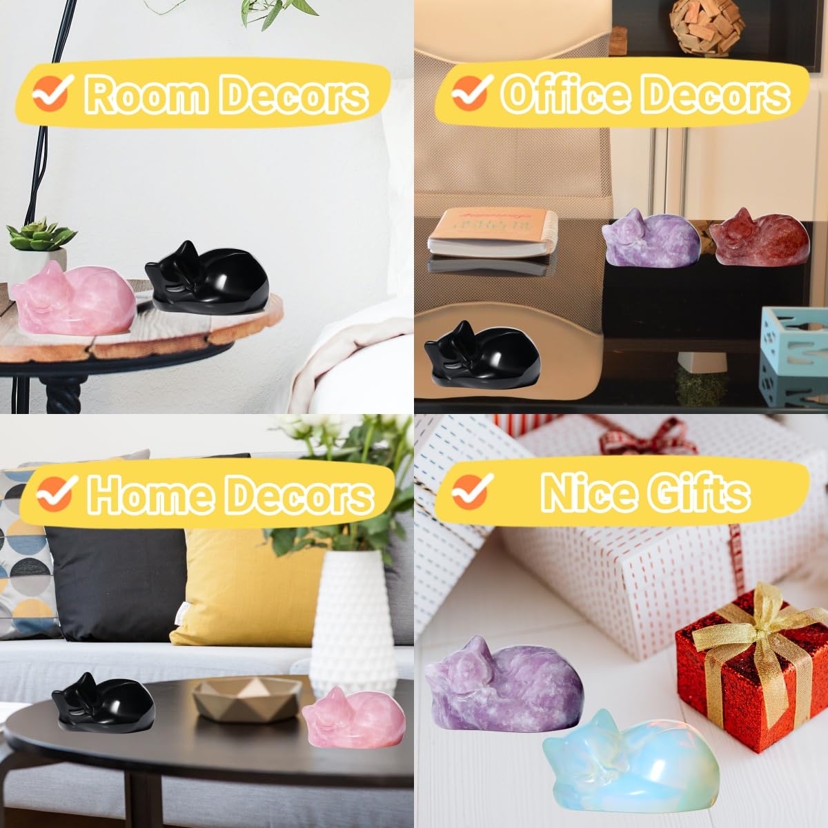 YATOJUZI 2" Black Cat Ornament Decor Obsidian Sleeping Cats Accessories Polished Gemstones Hand-Carved Cute Animal Statues Figurine Home Office Desk Decor Lucky Reiki Black Cat Gifts for Women