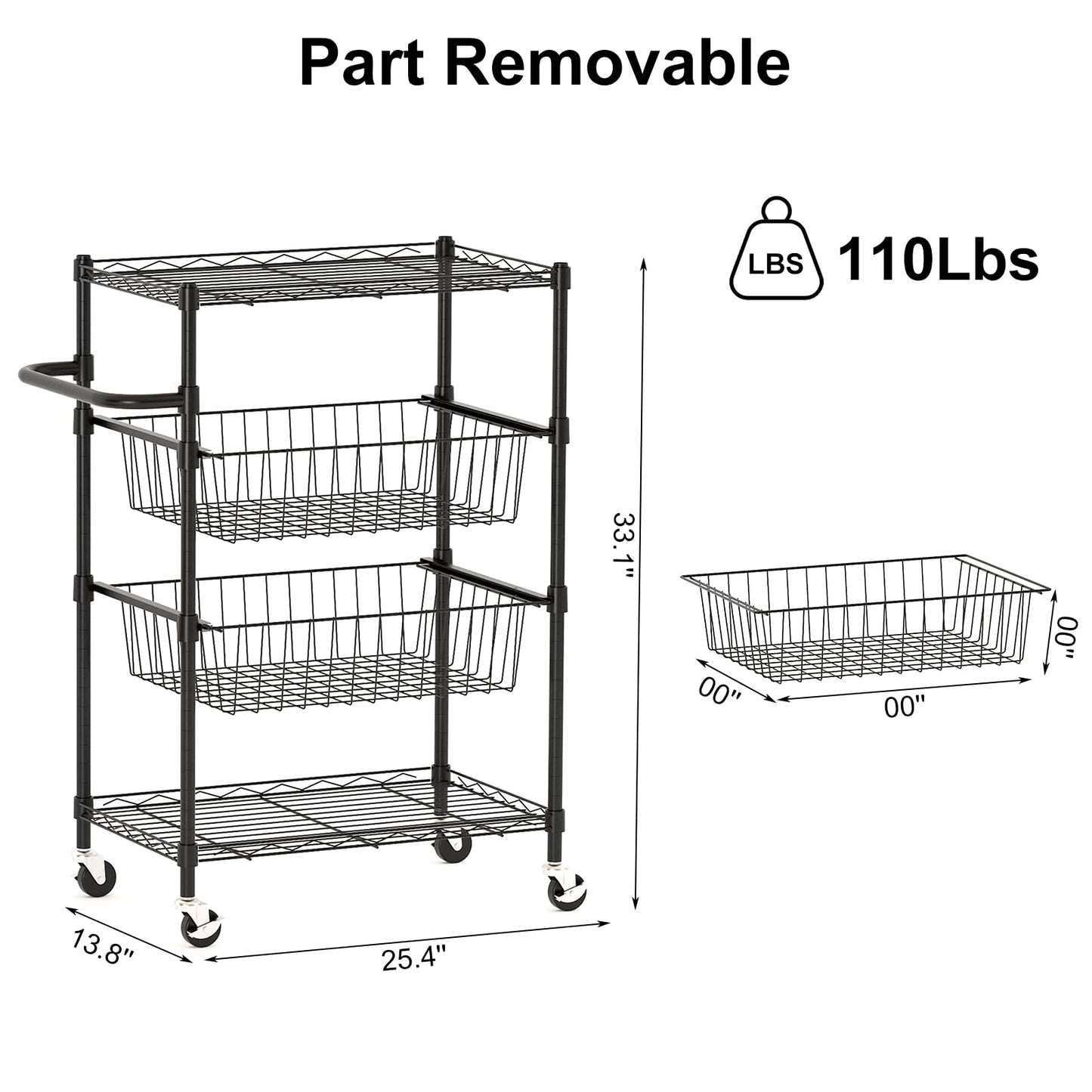 LinTimes 4 Tier Rolling Cart, 110 LB Capacity, Locking Casters & Handle Bar, Wire Storage Rack for Kitchen, Restaurant, Garage, Black