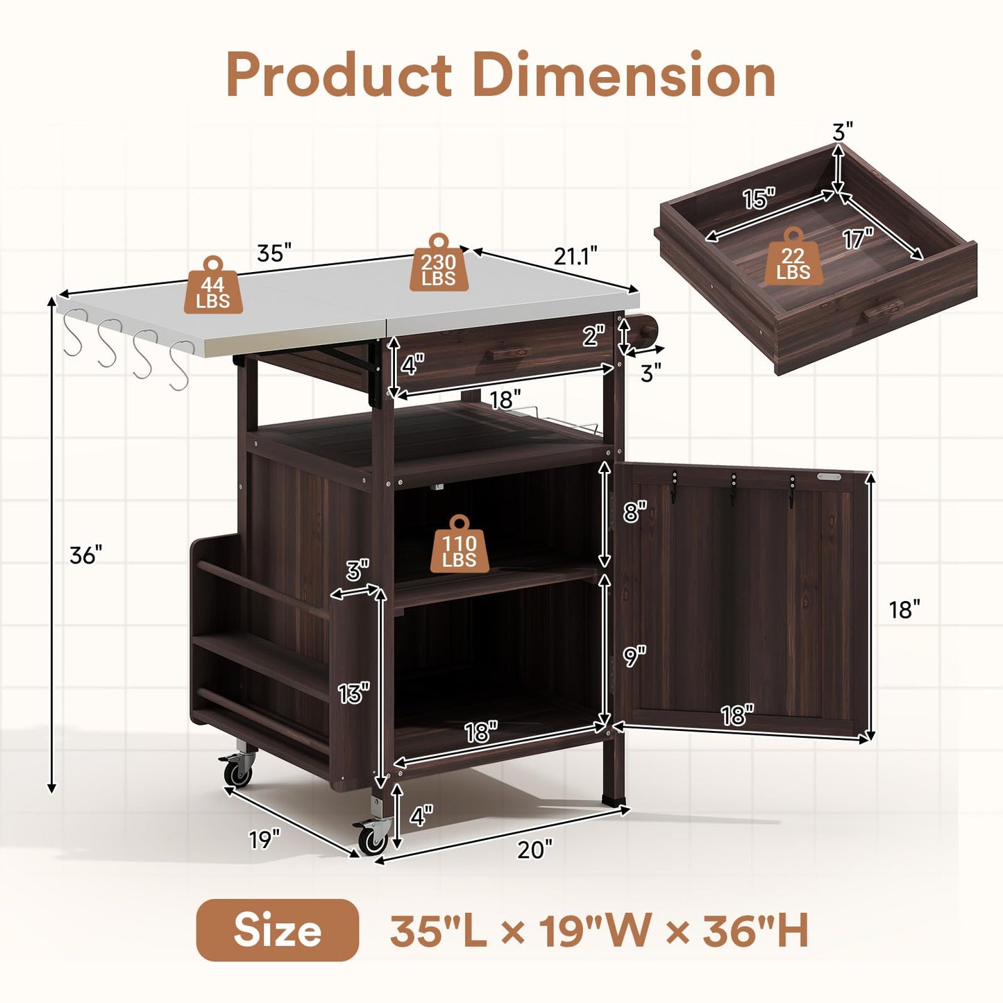 Zevemomo Outdoor Grill Cart with Drop Leaf, Stainless Steel Tabletop Outdoor Kitchen Island, Solid Wood Outdoor Buffet Cabinet with Drawer, Towel Rack, Lockable Wheels for Grilling, Brown
