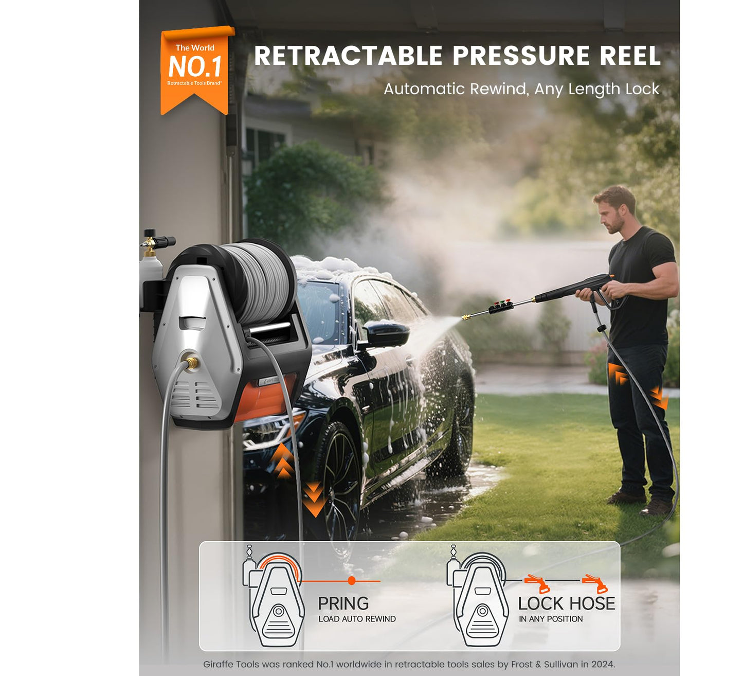 Giraffe Tools Grandfalls Wall Mount Pressure Washer Pro, Electric Power Washer with 1800W Motor, 4-Nozzles, Automatic Rewind, Any Length Lock, 100ft Pressure Hose