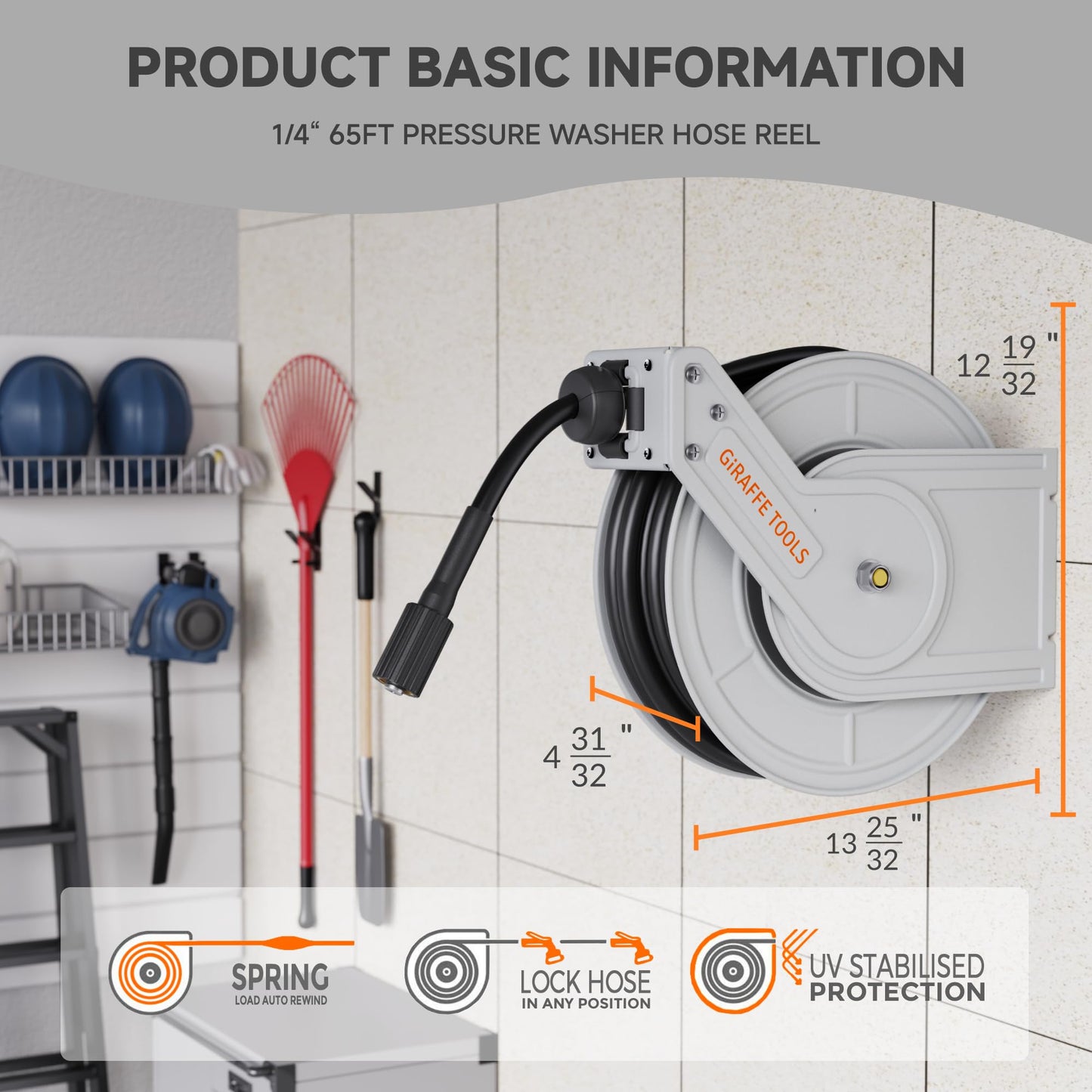 Giraffe Tools Pressure Washer Hose Reel 65ft, Power Washer Hose Reel, Pressure Washer Retractable Hose Reel, Heavy Duty, Replaceable Hoses, Wall/Floor Mounted, 3200 PSI, Silver