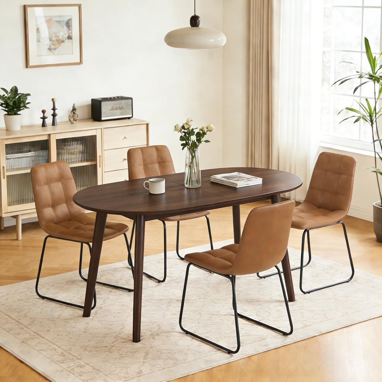 63" Oval Dining Table Set for 4, 5 Piece Modern Dining Table Set for Kitchen and Dining Room, Solid Wood Legs Dining Table with 4 Checkered PU Leather Dining Chairs(Walnut Table+4 Brown Chairs)