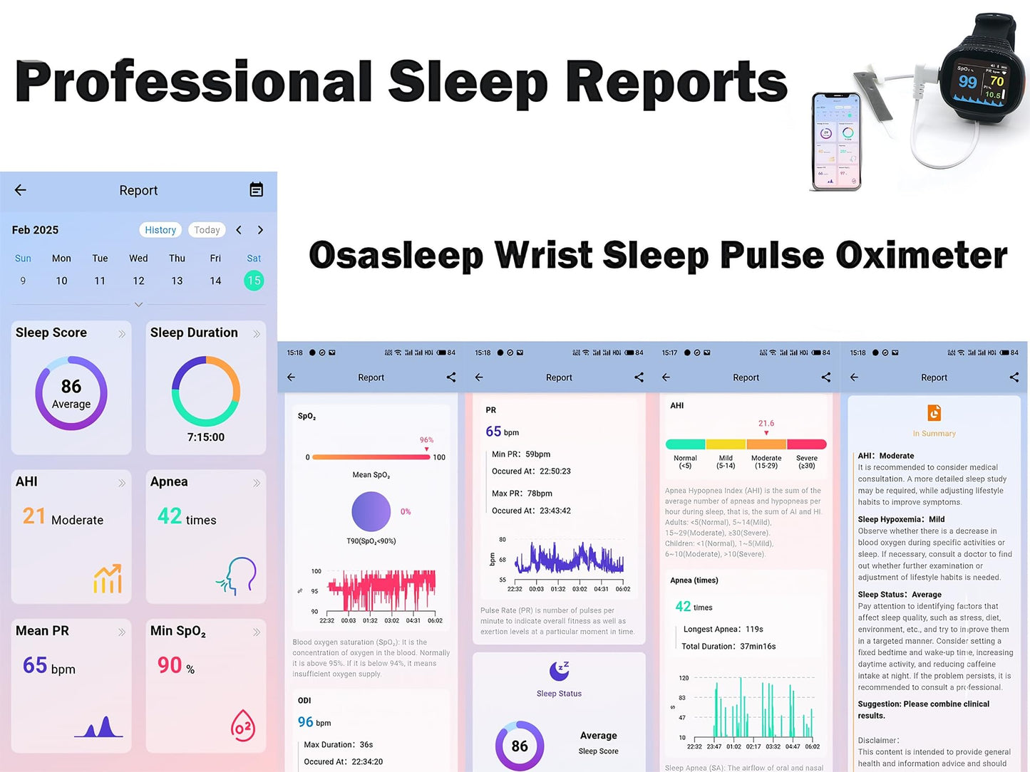 Pepultech Wrist Sleep Pulse Oximeter, Rechargeable Continuous SpO2 & Heart Rate Monitor with Buzzer Reminder, Bluetooth Blood Oxygen Saturation Tracker with Free APP Report,for Sports & Aviation Use