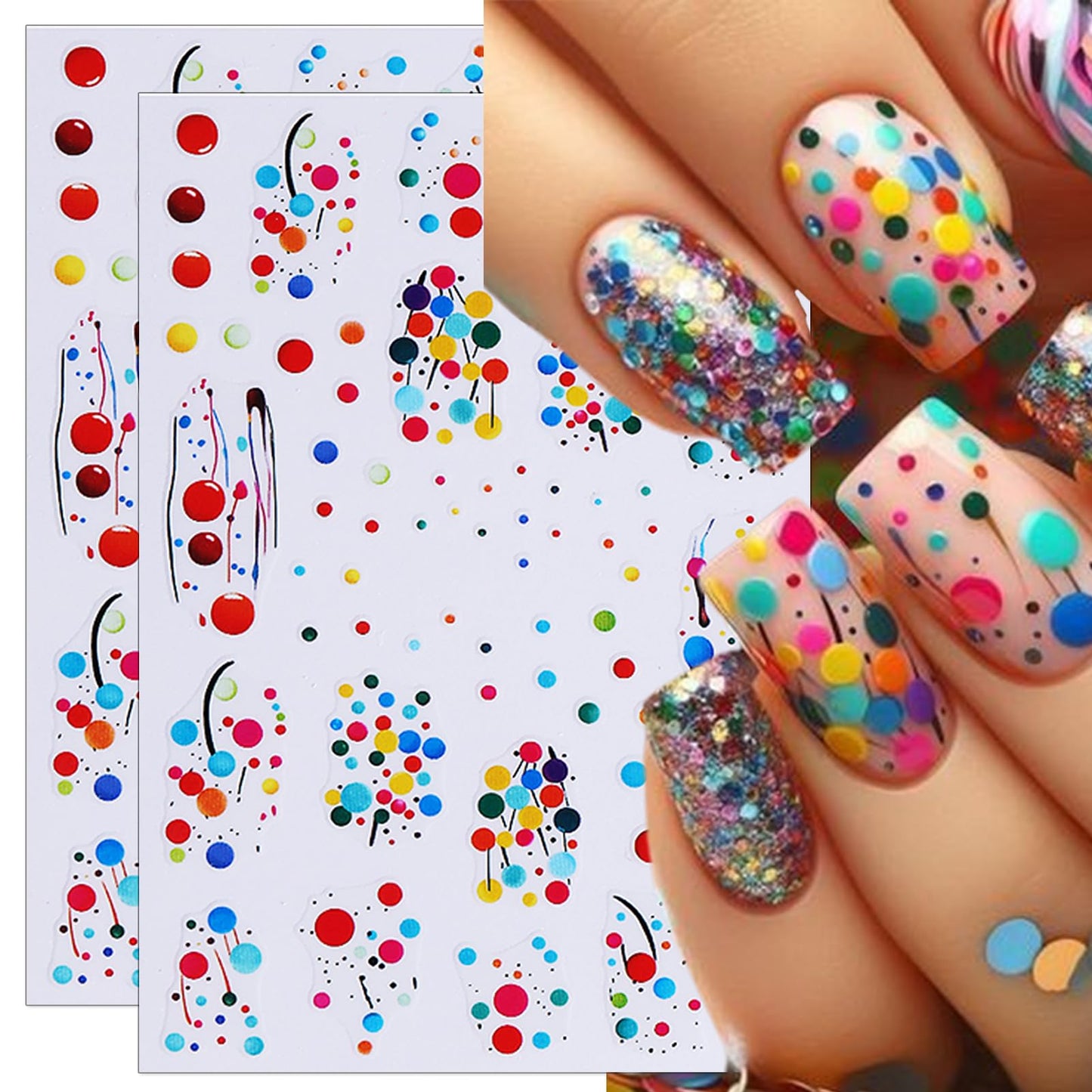IDDFEVE French Rainbow Dot Nail Stickers - French Line Balloon Party Self-Adhesive Nail Art Decals for Women Girls, DIY Colorful Christmas New Year Celebration Pride Month Manicure (4 Sheets)