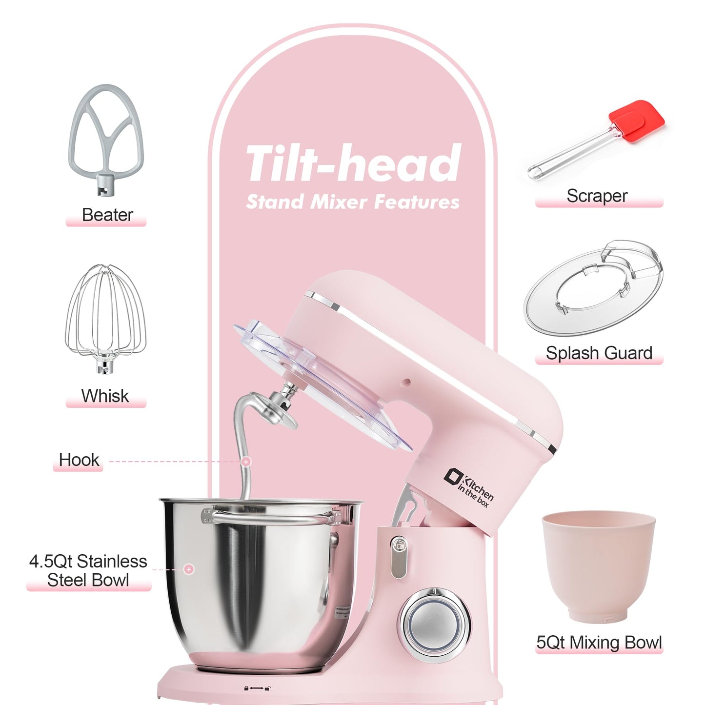 Kitchen in the box Stand Mixer, 4.5QT+5QT Two bowls Electric Food Mixer, 10 Speeds 3-IN-1 Kitchen Mixer for Daily Use with Egg Whisk,Dough Hook,Flat Beater (Rose Pink, 5QT)