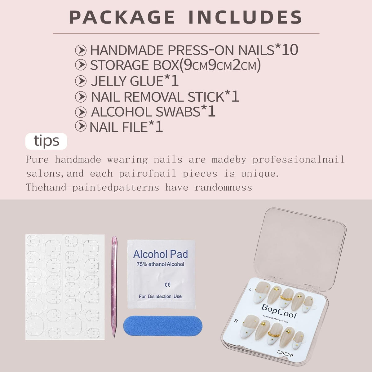 Luxury Long Stiletto Handmade Press-On Nails – Nude Almond Acrylic False Nails with 3D Rhinestones & White French False Nails – Reusable Nail Art(10PCS-S)