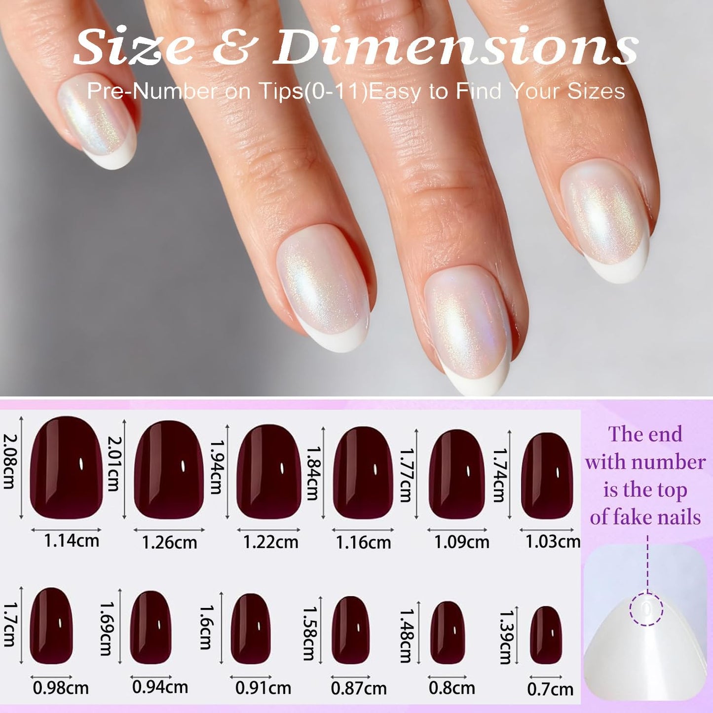 French Tip Press On Nails, Chrome Pearl White Short Reusable Stick On Nails in 12 Sizes - 24 Soft Gel Fake Nail Kit for Women
