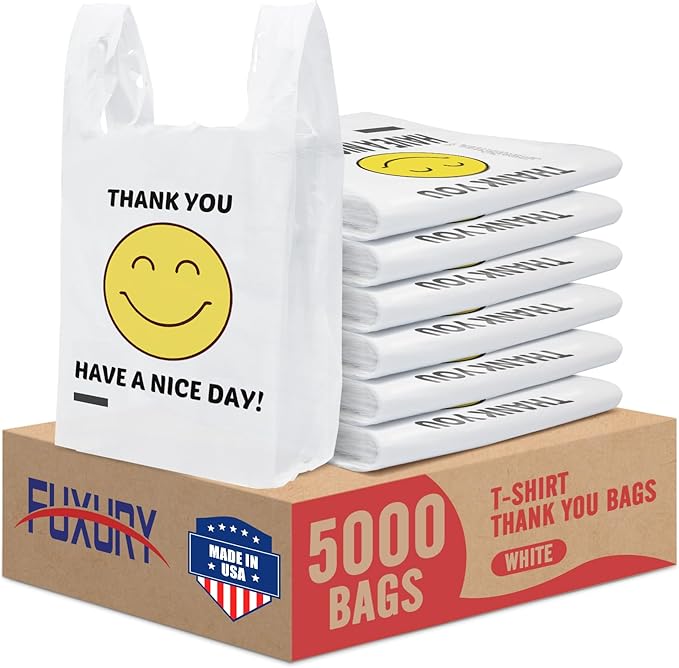Fuxury 5000 (5K) Count Plastic Thank You Smiling Bags with Handles for Small Business (11.5 x 6.5 x 21), Happy Have Nice A Day Grocery Shopping T-shirt Bags, Take Out, To Go, Retail, in Bulk