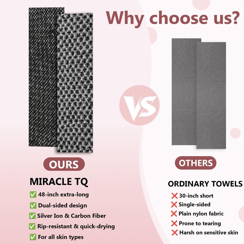 Miracle TQ Exfoliating Shower Towel 48" Dual-Sided Washcloth, Body & Back Scrubber w/Hexagon Woven, Silver Ion, Carbon Fiber, Deep-Cleansing, Quick-Drying, Rip-Resistant, All Skin Types (Black(1PC))