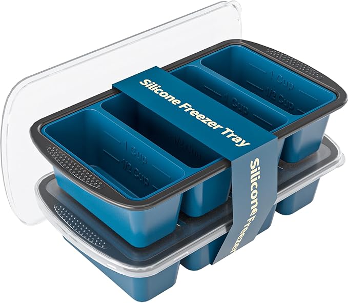GORCI Silicone Freezer Tray With Lid, 8 Large 1 Cup Soup Freezer Molds, Soup Freezer Container for Meal Prepping, Large Ice Cube Trayï¼ Perfect for Storing Leftovers, Sauces, Lasagna, 2-Pack