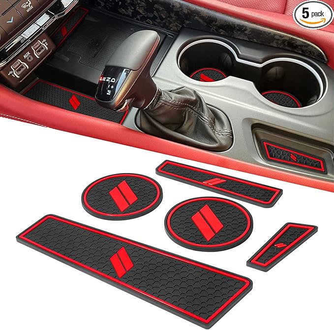 Cup Holder Inserts for Dodge Durango Accessories 2021 2022 2023 2024 2025 2026 Center Console Mat Custom Fit Silicone Cup Liners Pads Interior Decoration (5pcs/Set, Red)