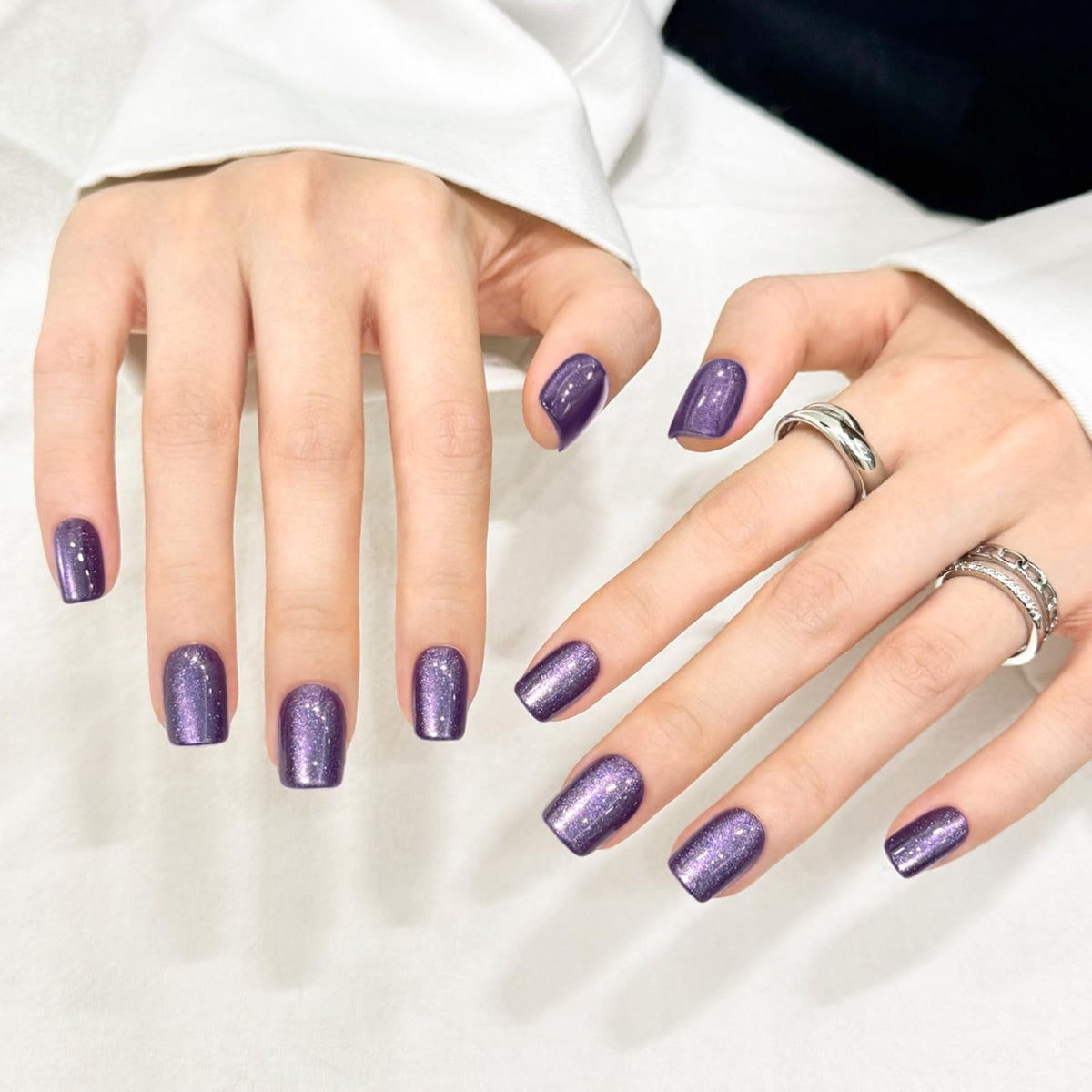 Dark Purple Cat Eyes Press On Nails,12 Sizes - 24 Pcs Soft Gel Purple Short Squoval Fake Nails Kit with Nail Glue, Natural Reusable Stick On False Nails for Women and Girls SK1060