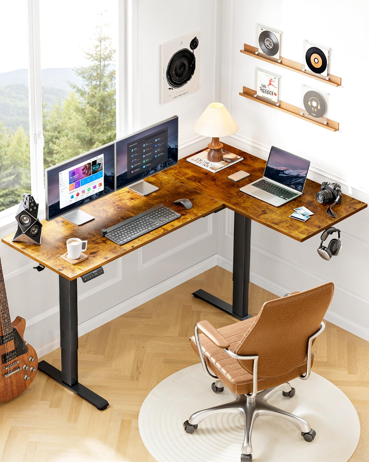 HUANUO 71x48 inch Dual Motor L Shaped Electric Standing Desk with 3 Preset Heights, Electric Height Adjustable Computer Table, 2 Hooks & Cable Tray, Raising Desk for Home Office, Vintage Brown