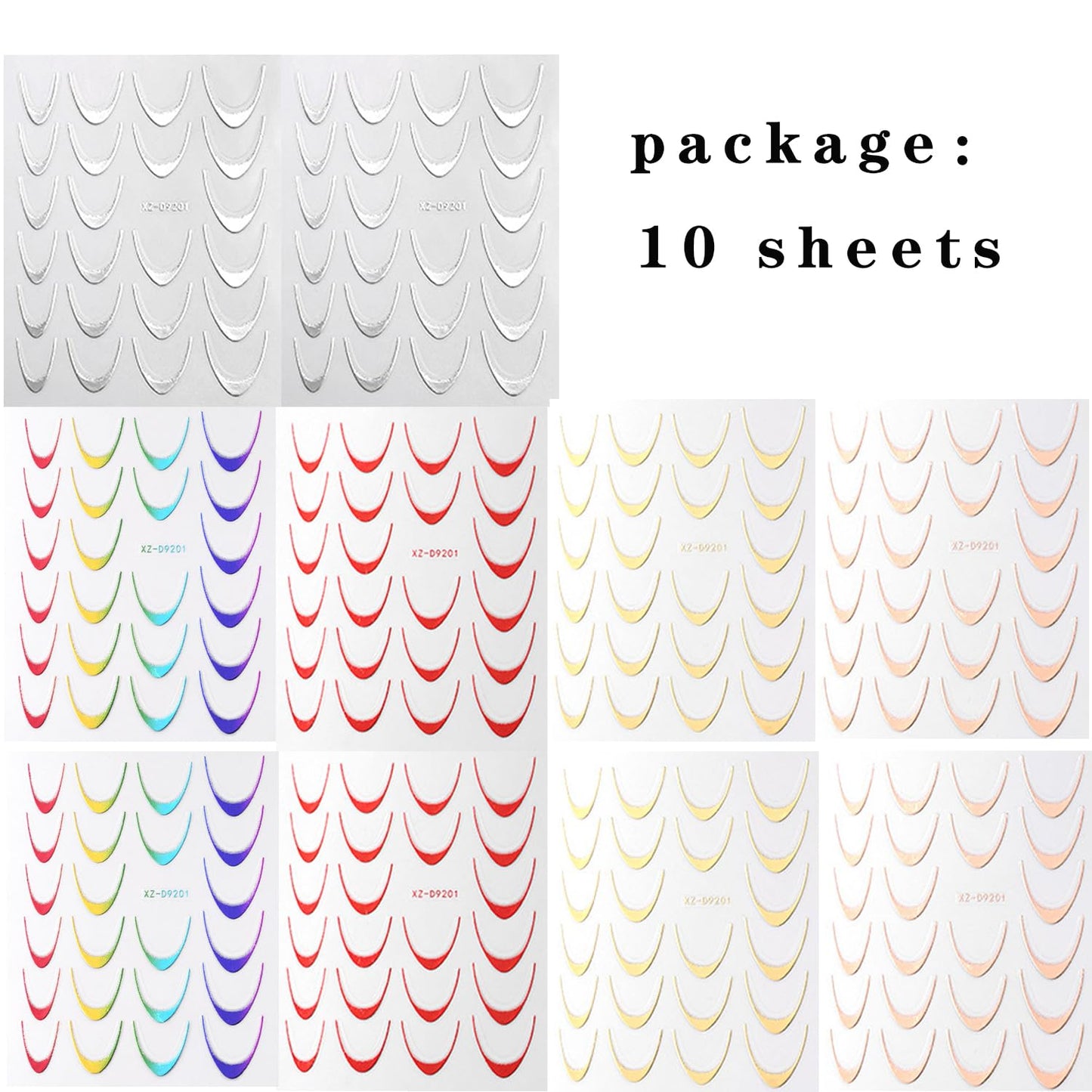 10 Sheets Colorful French Nail Stickers for Nail Art, 3D Self-Adhesive Gold Sliver Rosegold French Nail Decals, Red French Lines Nail Supplies Designs Accessories for Women Girls Manicure DIY