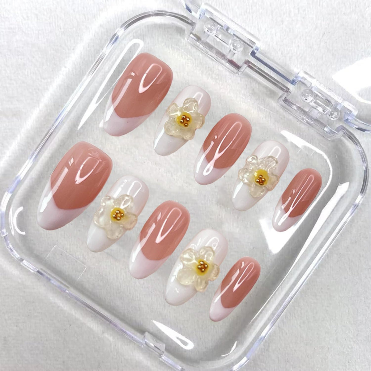 Handmade Press on Nails Medium Almond Fake Nails Press Ons White 3D Luxury Elegant Flower Full Cover Stick on Nails Glue on Nails for Women Girls Manicure (Clear White S)