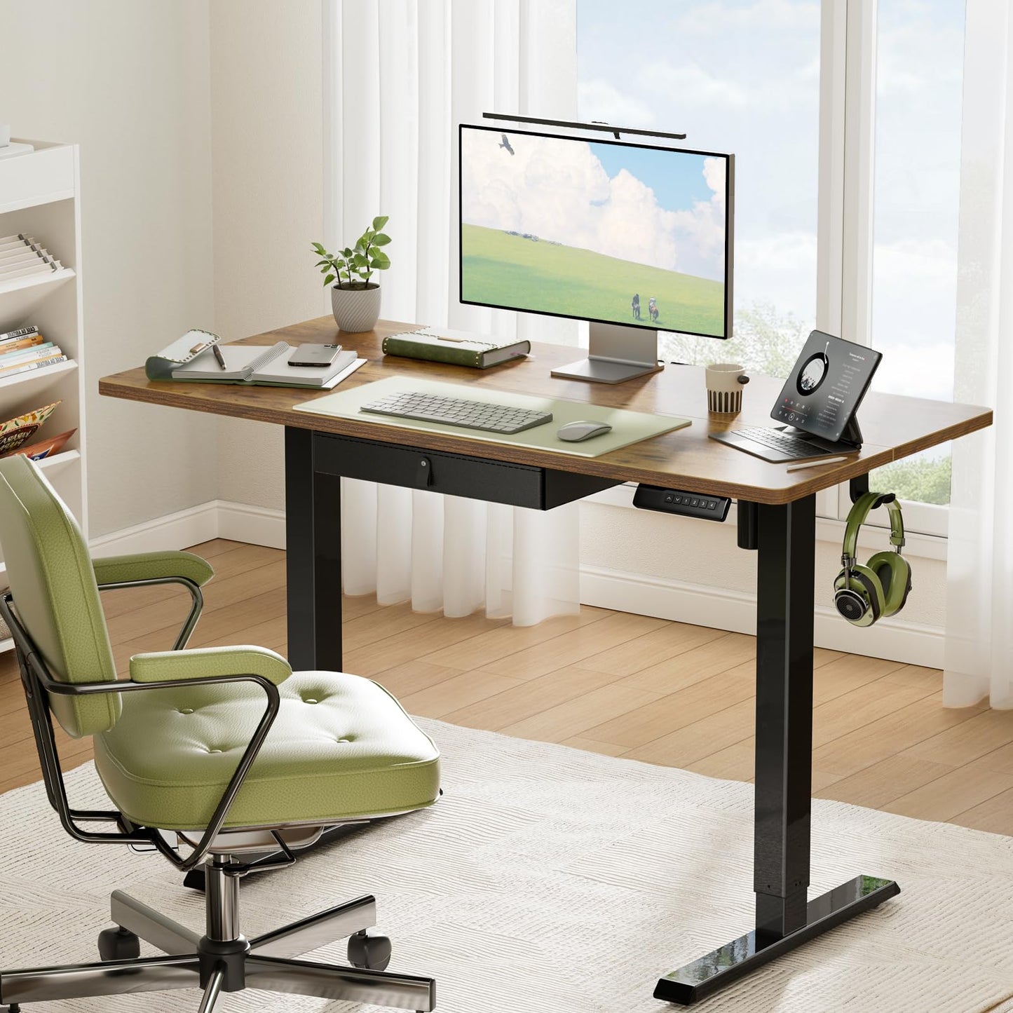 Marsail 48x24 Electric Standing Desk with Drawer, Computer Desk, Sit Stand Office Table with Storage & Hooks & Cable Management, Ergonomic Height Adjustable Table for Home Office, Brown