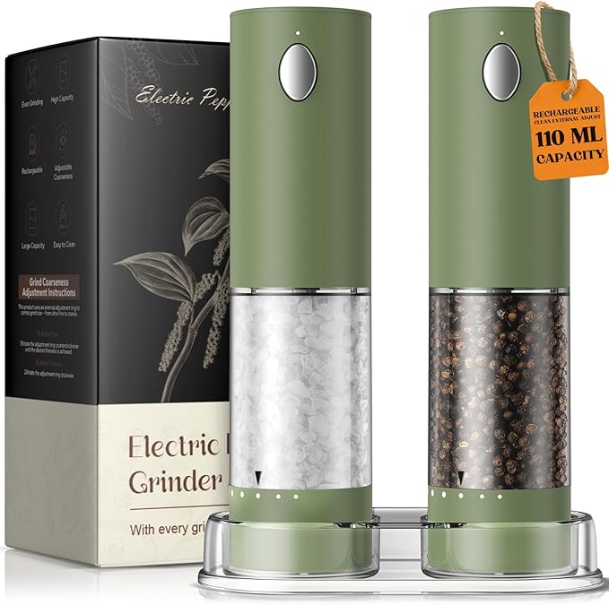 Electric Salt and Pepper Grinder Set, Rechargeable Automatic Salt and Pepper Shaker with 6 Adjustable Coarseness, Large-Capacity Pepper Mill Kitchen Appliances Gifts for Women(Greenï¼