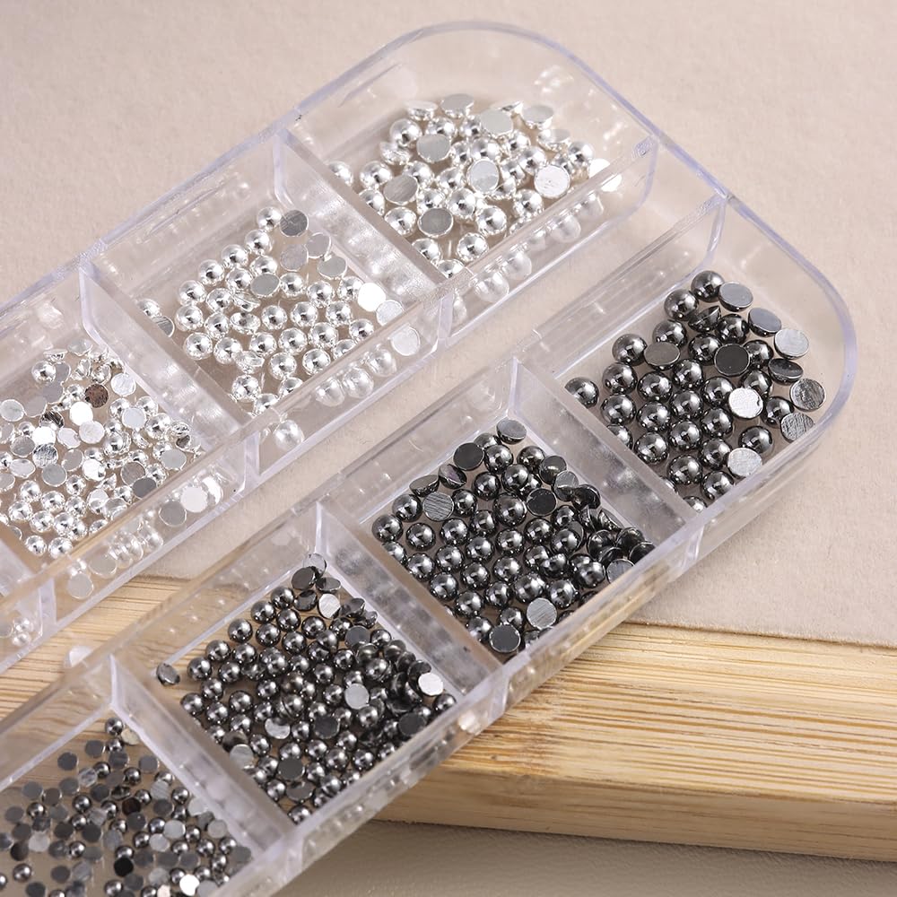 Mini Metal Nail Beads 3D Nail Art Charms, Mixed Sizes Silver Gun Grey Half Round Flatback Stainless Steel Caviar Beads Nail Studs Jewelry with Pickup Tweezers for DIY Nail Art and Crafting Decorations