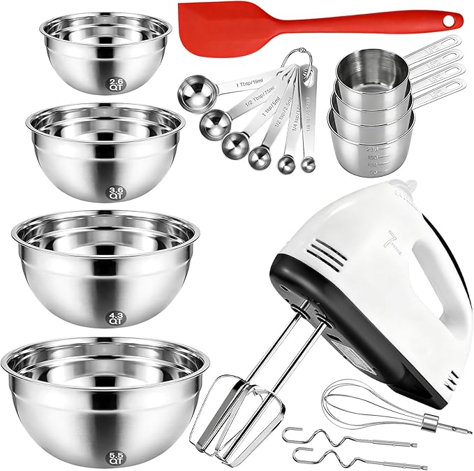 Showvigor Electric Hand Mixer with Stainless Steel Mixing Bowl Set â7 Speeds Turbo-Boost Hand Mixer with Large Mixing Bowls, Measuring Cups, Spoons & Silicone Spatula for Kitchen Cakes Eggs Baking