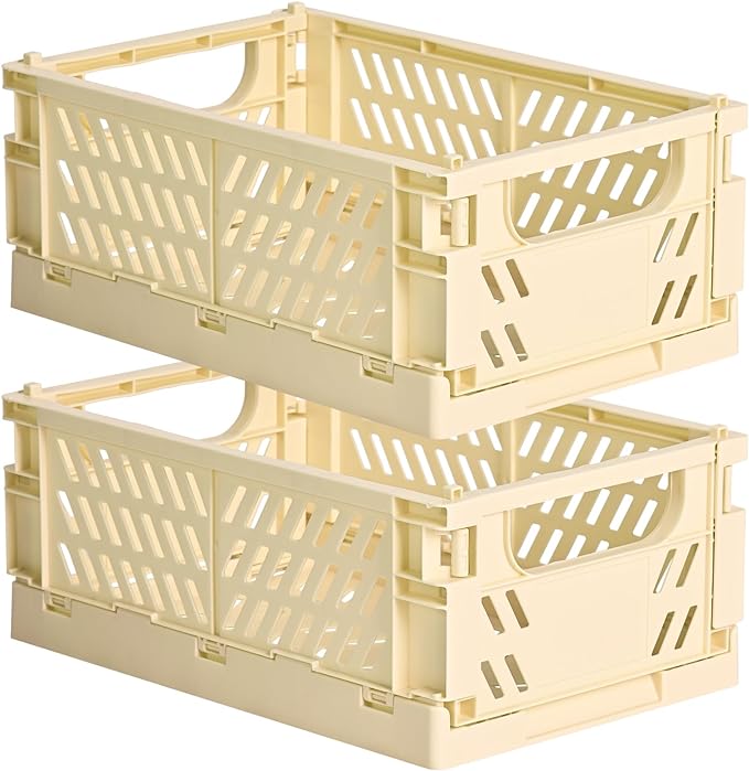 2-Pack Small Pastel Plastic Storage Baskets, Collapsible Crates for Organizing, Space-Saving Mini Bins for Classroom, Kitchen, Office, Bedroom (Yellow, 9.8" x 6.5" x 3.8")