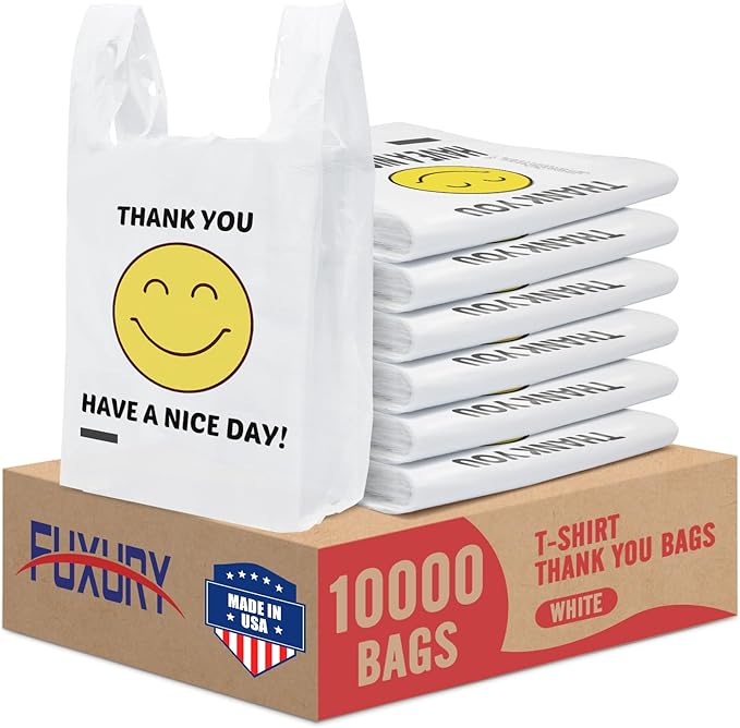 Fuxury 10000 (10K) Count - Thank You Plastic Bags White Smile for Small Business (11.5" x 6.5" x 21"), T-shirt, Grocery, Take Out, To Go, Retail Shopping Bags in Bulk