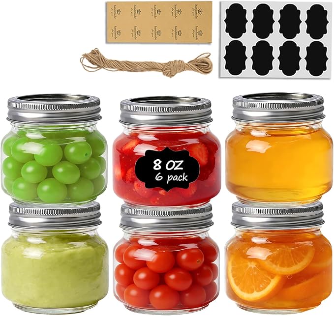 ComSaf 8 oz Regular Mouth Mason Jars,6Pcs Glass Jars for Home Cooks Making Jam and Jelly, and Crafters Creating DIY Candles and Party Favors, Canning Jar with Lids and Ringsï¼Includes Labels & Twine