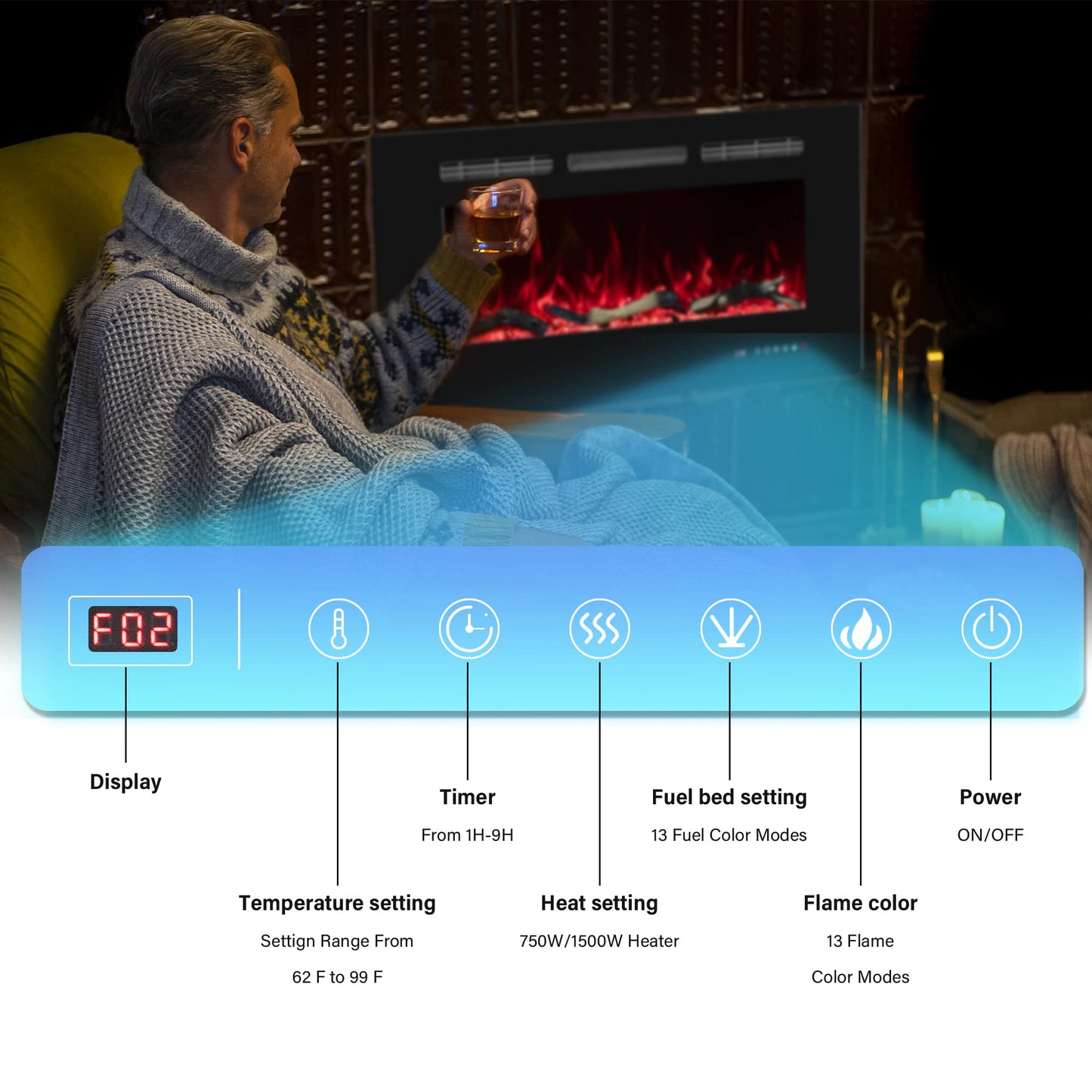 Oxhark Flame 72inch Electric Fireplace in Wall Recessed and Wall Mounted Fireplace Electric, 13 Flame Colors, Realistic Logs & Crystals Fuel Bed, Adjustable Temperature and Timer, 750W/1500W, Black
