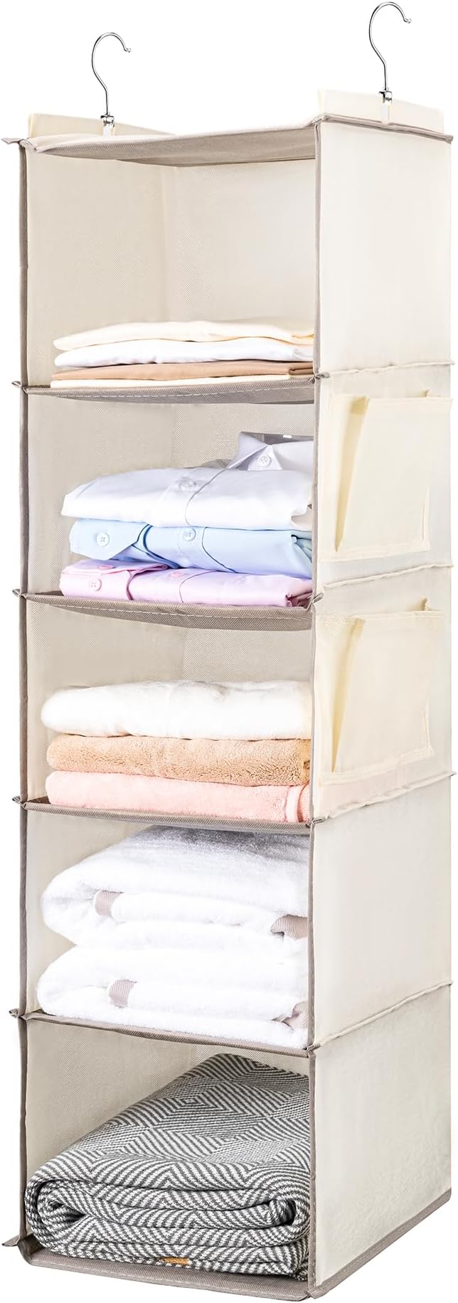 BOOMIBOO Hanging Closet Organize and Shelvesï¼5-Hanging Shelf with 2 Side Pocketsï¼Storage Foldable ï¼Beigeï¼