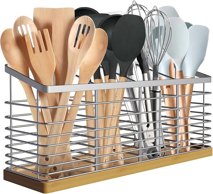 Suli Extra Large Kitchen Utensil Holder with 4 Compartmentsï¼Metal holder with Wooden Base for Kitchen Countertopï¼Farmhouse Cooking Utensil Storage, Rustic Cooking Utensil,Silvery