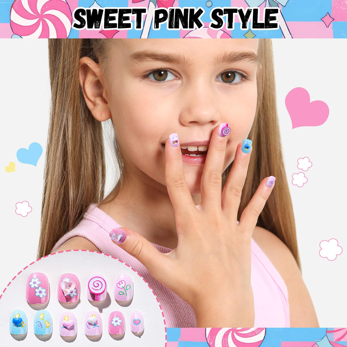 FANDAMEI Press on Nails for Girls, 6 Styles 144PCS Press on Nails for Kids, Little Girl Nails Press on Short Round with Nail Charms and Gems, Fake nails for Kids, Girls with Adhesive Tabs
