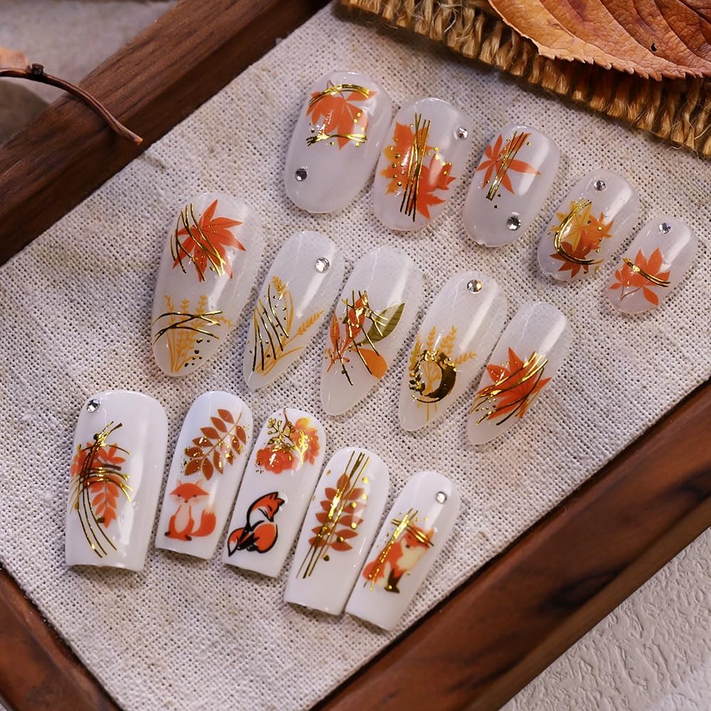 Fall Nail Stickers 3D Self Adhesive Maple Nail Art Stickers Pumpkin Nail Decals with Maple Leaf Fox Design Autumn Thanksgiving Day Nail Supplies for Women Girls Holiday Manicure DIY 6 Sheets