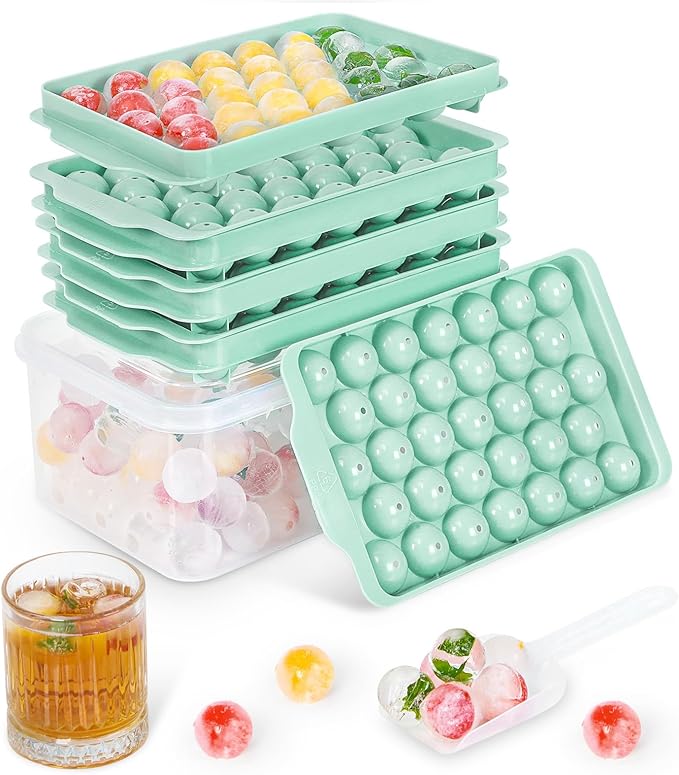 Ice Cube Tray with Lid and Bin, 3 Pack Ice Trays for Freezer, 99 Pcs Round Ice Cube Mold, Ices Maker Bucket with Scoop for Cocktail, Coffee, Rv Accessories, Easy to Release (1 inch, Green)