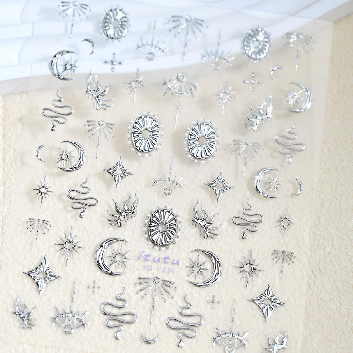 2 Sheet Snake Nail Stickers Silver Gold Nail Art Stickers Decals with Moon Sun Design Nail Stickers for Nail Art 5D Embossed Manicure Decoration for Women Nails Supplies