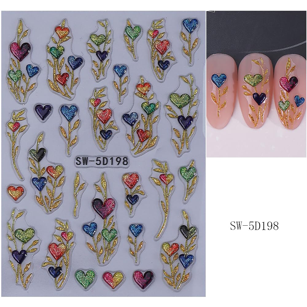 3 Sheets Flower Nail Stickers for Nail Art Spring Nail Decals 5D Self-Adhesive Coloful Floral Heart Nail Design Summer French Line Nails Supplies for Women Girls DIY Nail Art Decor