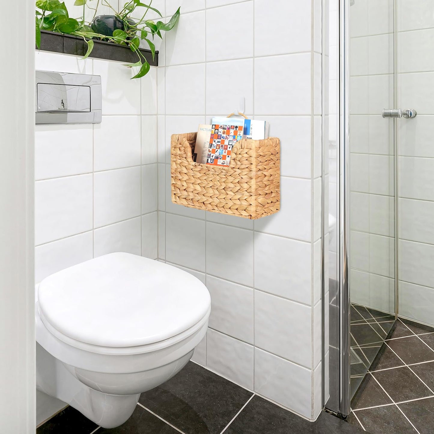 Handwoven Water Hyacinth Wall Magazine Holder - Natural Hanging Organizer for Mail, Newspapers & Magazines, Books & Files - Decorative Boho Storage Basket for Entryway, Bathroom, Living Room, Office.
