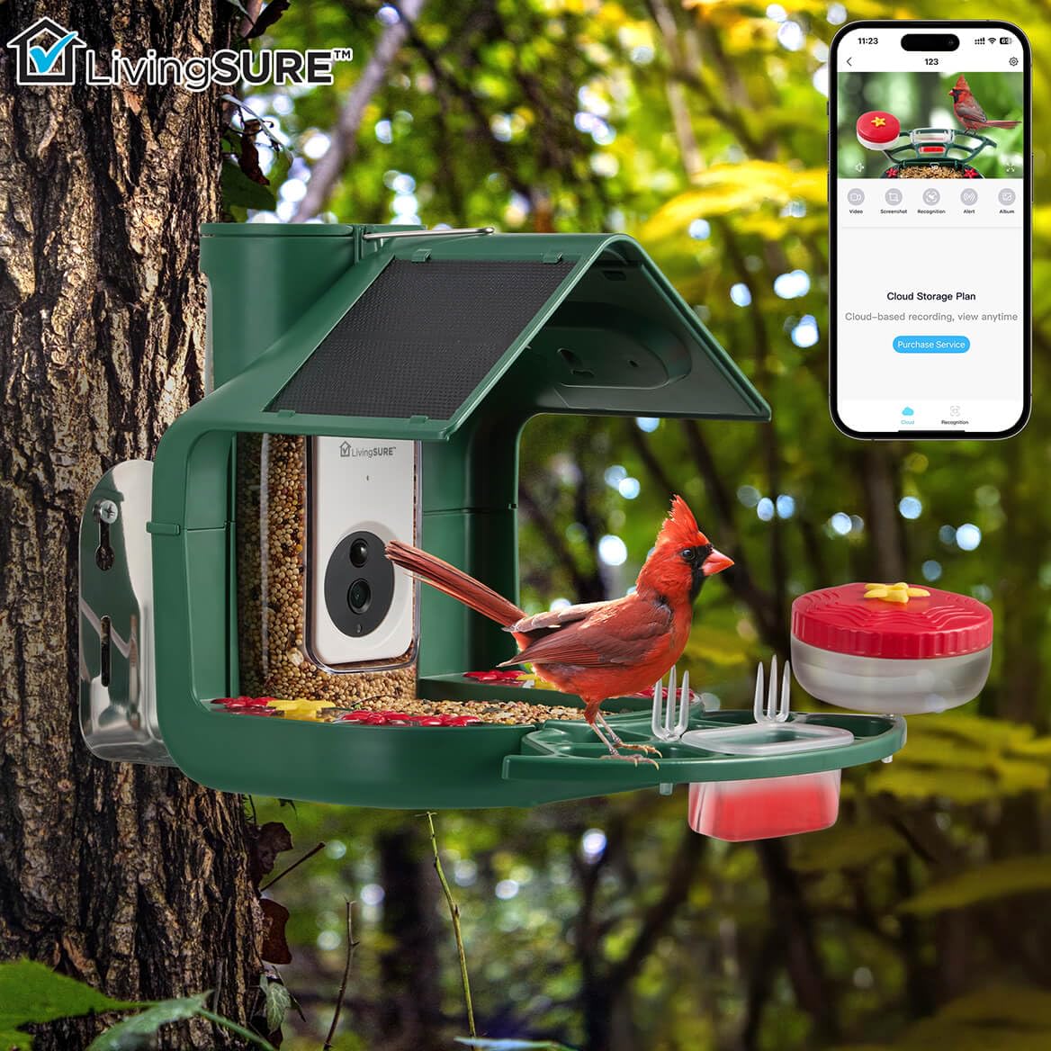 LivingSURE 2-in-1 Smart Bird Feeder with Camera Outdoor Solar Powered Smart Birdfeeder Live Stream Video Camera with AI Recognition for Outside Wild Birds Garden Decor - Bird Lover Gifts