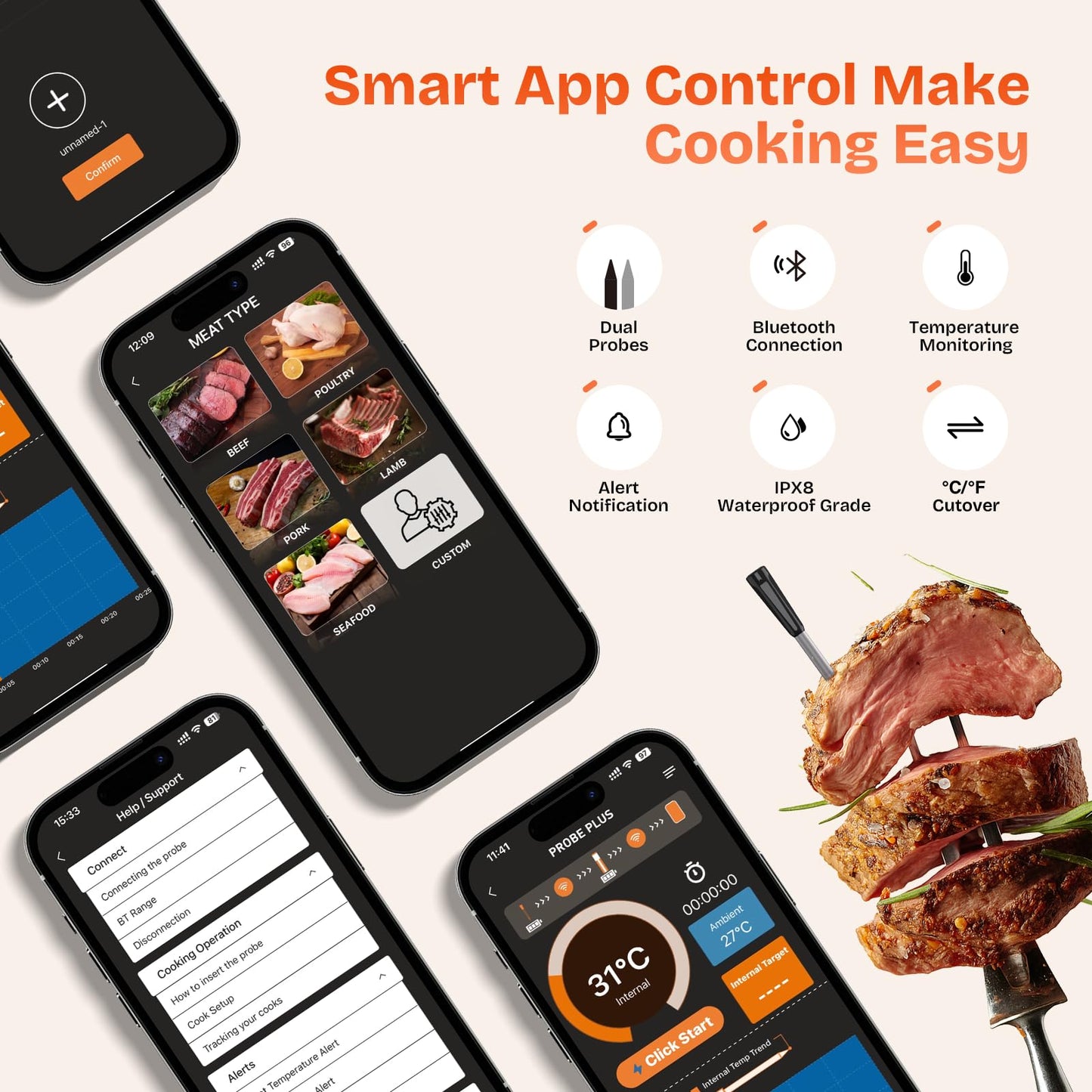 Smart Wireless Meat Thermometer with 2 Color-Coded Probes,Standalone Display Base, Accuracy ±1°F,Digital Bluetooth Thermometer for Cooking, Oven, Smoker, BBQ, Grill Real-Time Monitoring in App