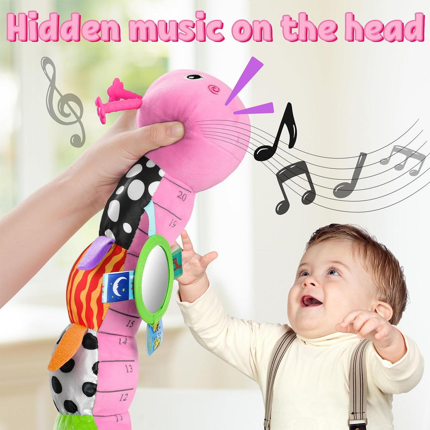 LIGHTDESIRE Baby Toys Musical Caterpillar,Infant Toys Stuffed Animals with Ruler Design,Mirror,Pull String&Ring Bell,Baby Teething Toys for Tummy Time Toy Newborn Gifts 3 6 12 Months(Pink,Leafy Limb)