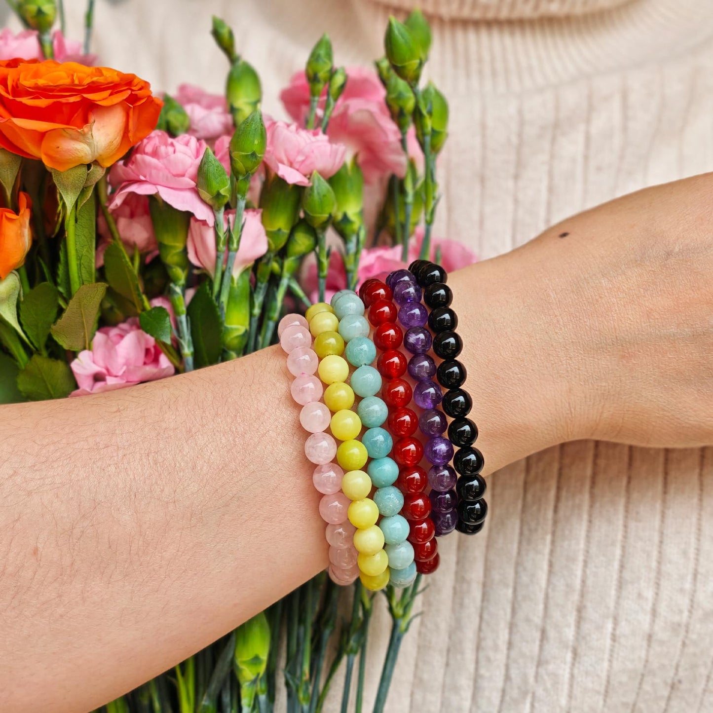 Handmade Natural Gemstone Elastic Bracelet - Healing Crystal Beads Jewelry, Unisex (Hematite, 8mm)