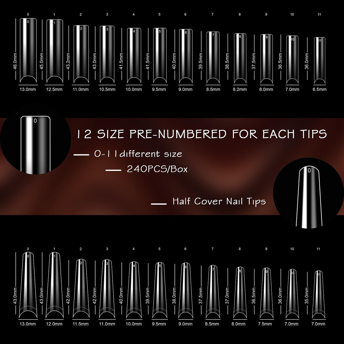 ELLEWIN 480PCS No C Curve Clear Nail Tips, 2XL Long Half Cover Straight and Coffin Nails for Acrylic Nails Kit, 12 Sizes Soft Square Gel Fake Nails Extension for Salons and Home DIY Gifts