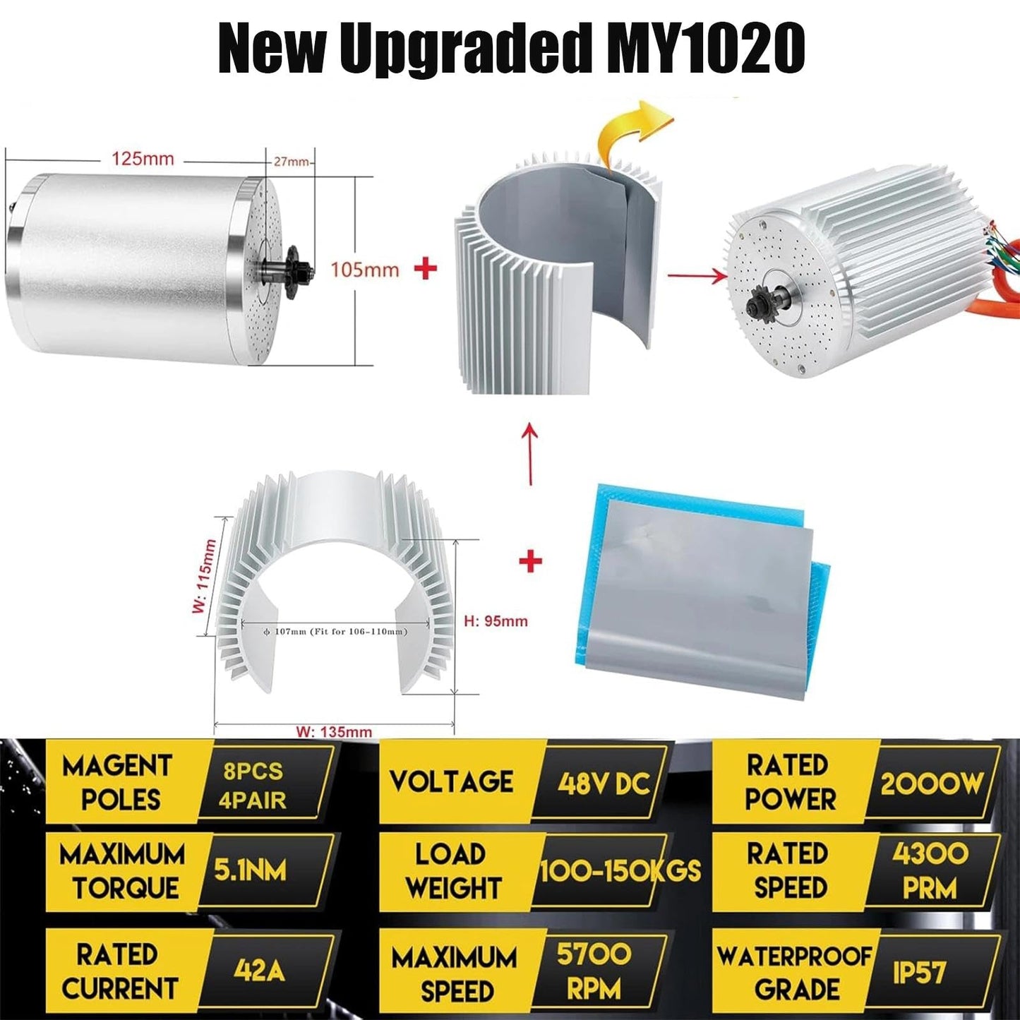 Kunray Electric DC Motor 72V 3000W Motor, Electric Scooter Brushless Motor Max Speed 6700rpm, Electric Dirt Bike Motor Engine, Go Kart Electric Motor with Temperature Sensing