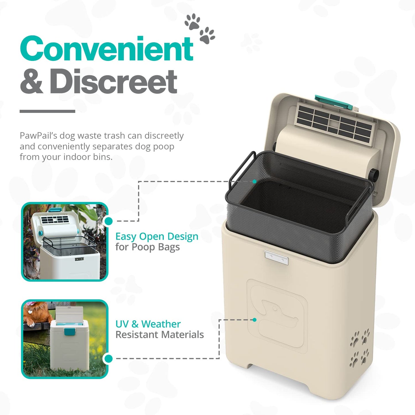 PawPail Pet Waste Station with Activated Carbon Filter and DualVent Odor Control - Outdoor Dog Poop Trash Can with 200 Dog Poop Bags - 19 Liter, Beige