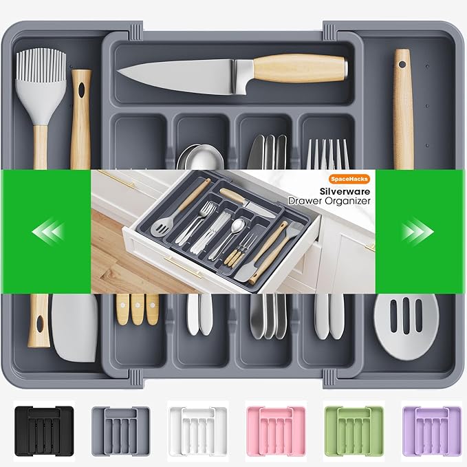 SpaceHacks Silverware Organizerï¼Adjustable & Expandable Utensil Drawer Organizer, BPA Free Utensil Holder, Cutlery Tray for Forks, Spoons, Knives in Kitchen, Medium, Grey