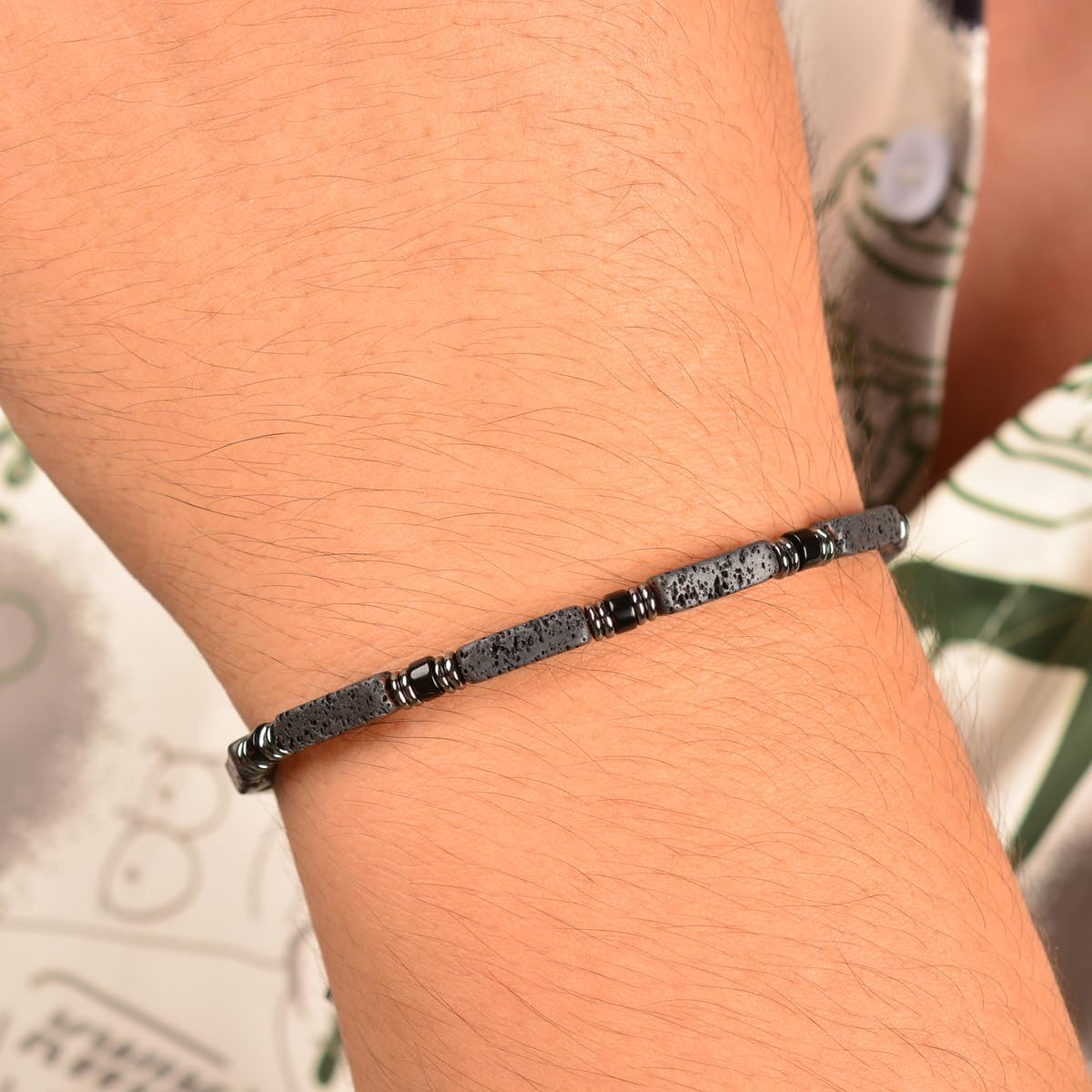 Casvia Handmade Obsidian Hematite Bracelet for Men, Stainless Steel Beaded Bracelet, Adjustable & Easy Wear, Chakra Protection Jewelry Gift for Father, Boyfriend, Husband