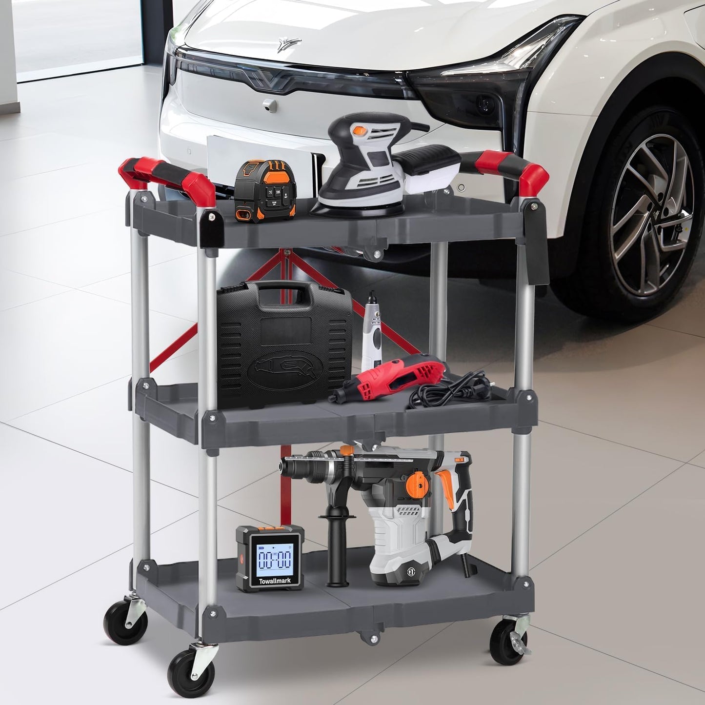 3-Tier Holds Foldable Utility Carts, Collapsible Service Rolling Carts with Wheels, for Home, Office, Garage, and Warehouse,No Installation Required