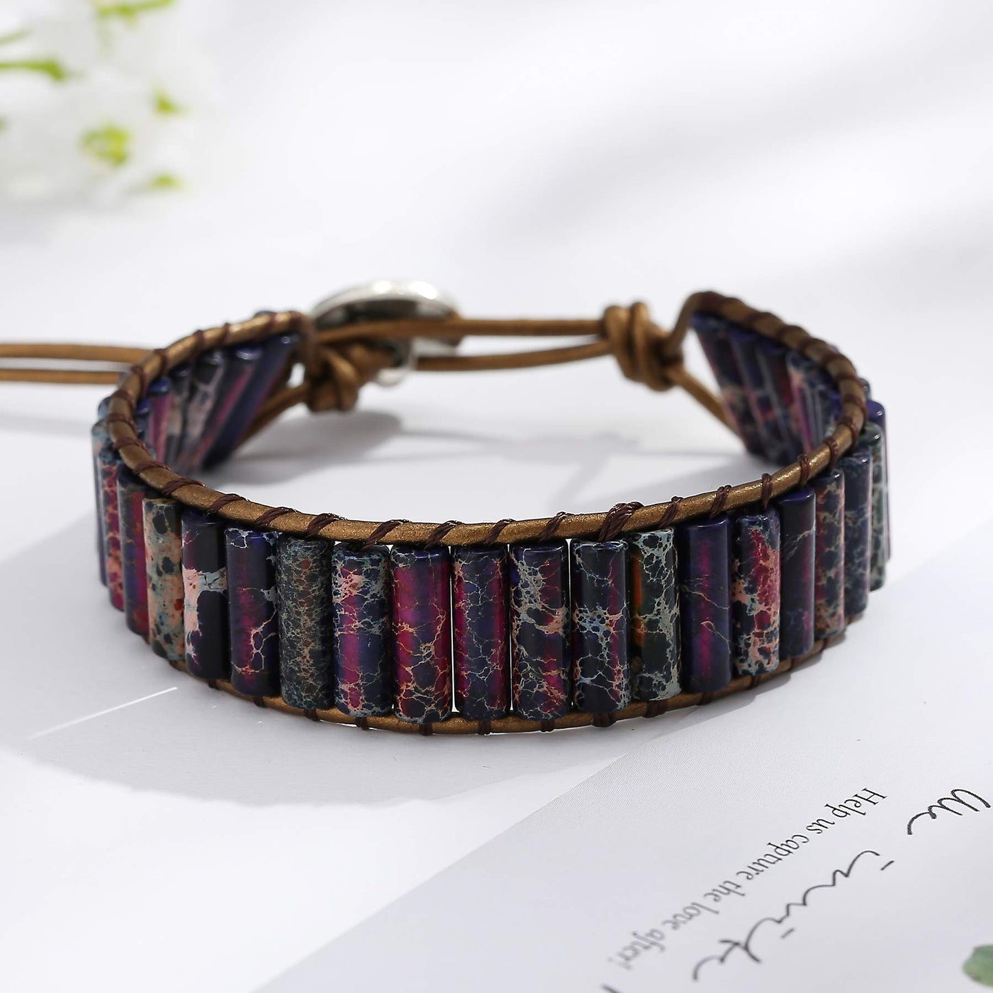 Plumiss Boho Handmade Chakra Bracelets Leather Purple Imperial Jasper Bead Wrap bracelet for Women Men