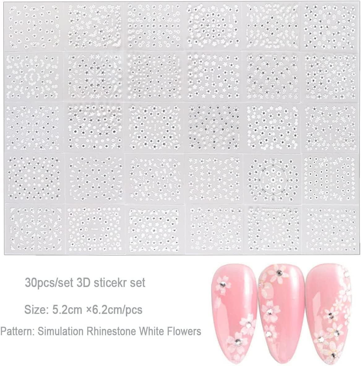 SPLOCUDU White Flower Nail Art Stickers White Flower with Rhinestones Nail Decals 3D Self Adhesive Nail Stickers Nail Art Designs Flowers Sticker for Nails Decorations 30 Sheets